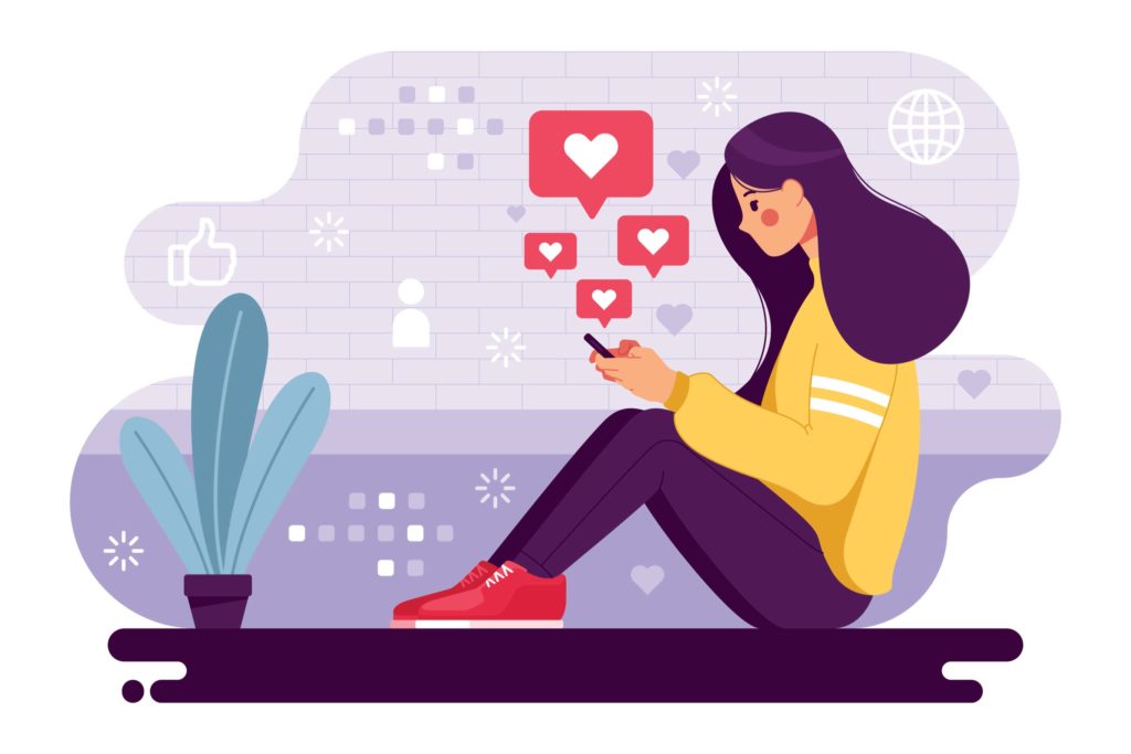 ilustração-de-uma-mulher-navegando-em-suas-redes-sociais