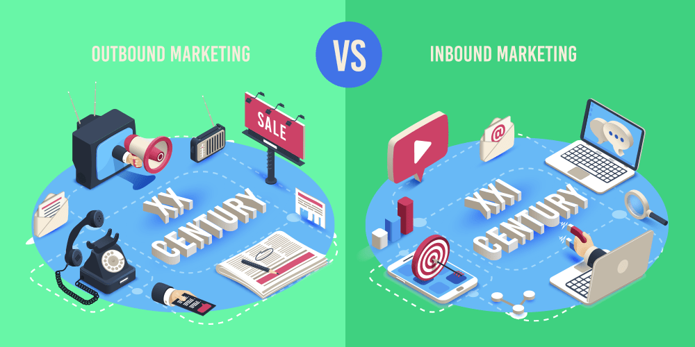 Dois quadros verdes em que lemos, no topo: outbound marketing versus inbound marketing. O lado de outbound é um pouco mais claro e, em um círculo azul, vemos elementos que o representam: uma televisão com um megafone e uma mão de empresário saindo dela, uma carta, um telefone antigo, uma mão entregando um panfleto, um rádio, um outdoor, um jornal e um gráfico. No centro, está escrito século 20 (em inglês). No outro lado, no mesmo círculo azul, temos um quadro semelhante à logo do YouTube, uma representação de mensagem de e-mail, um notebook com balões de diálogo na tela, um celular com um alvo e uma flecha no centro, uma lupa, um gráfico em 3D e um notebook com uma mão segurando um imã saindo da tela, representando a atração. No meio, lemos século 21 (em inglês).