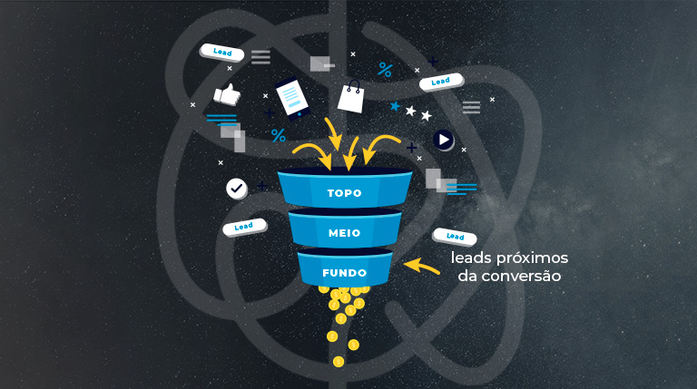 Imagem com o fundo cinza, em degradê para o branco, com um caminho como um labirinto ao fundo (a forma lembra um pouco a forma do Átomo). À frente, vemos um funil em azul com três etapas: topo, meio e fundo. Uma seta em amarelo aponta para o funil e ao lado dela diz “leads próximos da conversão”. Vemos vários símbolos saltando do topo do funil, como blocos de anotações, símbolos de like, a palavra “lead”, planilhas e outros.