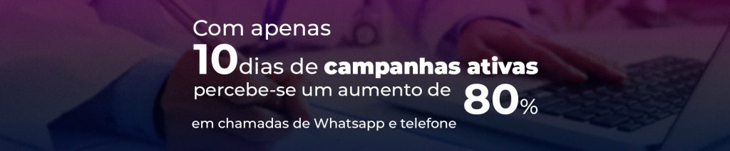 Banner com um médico ao fundo, fazendo anotações e com a mão no teclado do notebook, com um filtro em degradê de roxo para azul marinho. Está escrito Com apenas 10 dias de campanhas ativas percebe-se um aumento de 80% em chamadas de Whatsapp e telefone